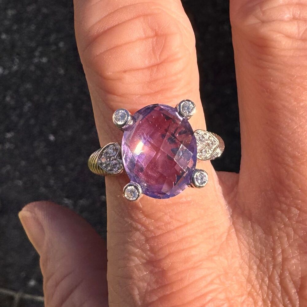 JUDITH RIPKA Sterling Silver Amethyst Ring w Hearts & CZ Size 8 - 925 Vintage - Picture 7 of 14